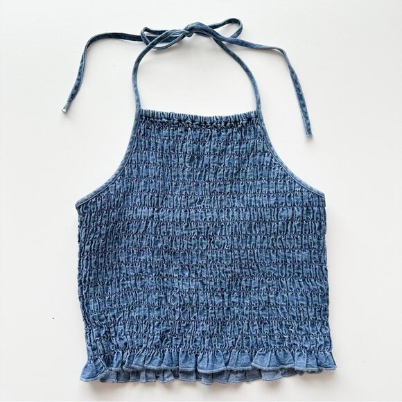 American Eagle Smocked Blue Denim Halter Top - Picture 2 of 10